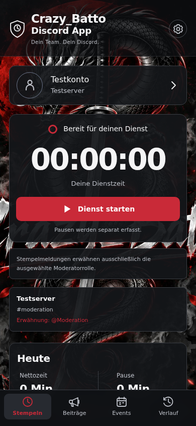 Crazy_Batto Discord App: Stempelansicht mit einem Testkonto und auswählbarem Server und Kanal