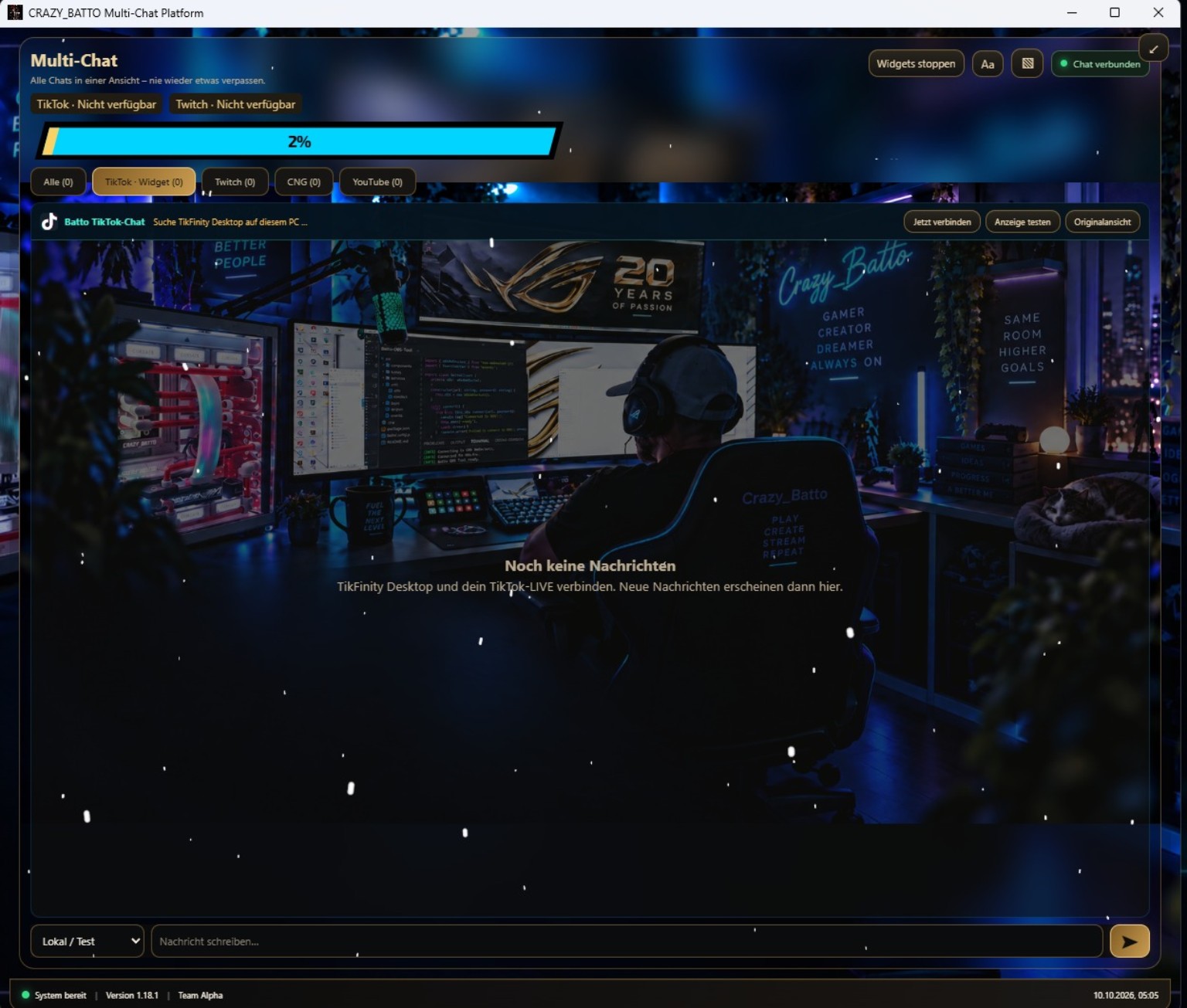 Multi-Chat des Batto OBS Tools mit Plattform-Tabs und individuell gestaltetem Hintergrund