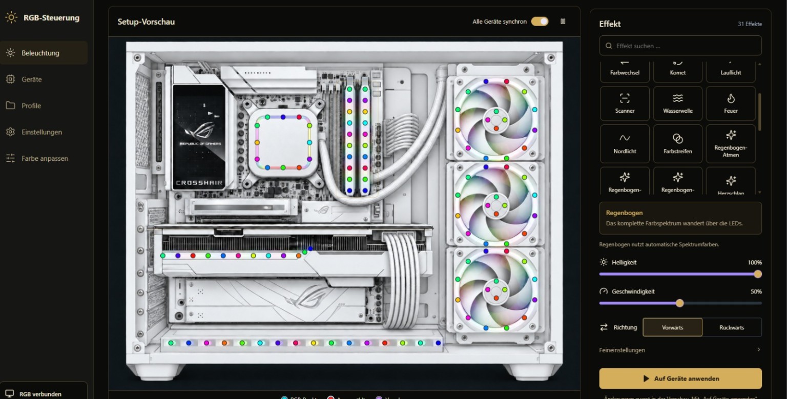 RGB-Steuerung mit grafischer PC-Vorschau, Lichtpunkten und Effektauswahl