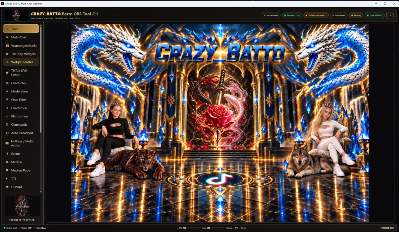 Startoberfläche meines Batto OBS Tools mit dem Crazy_Batto-Drachenmotiv