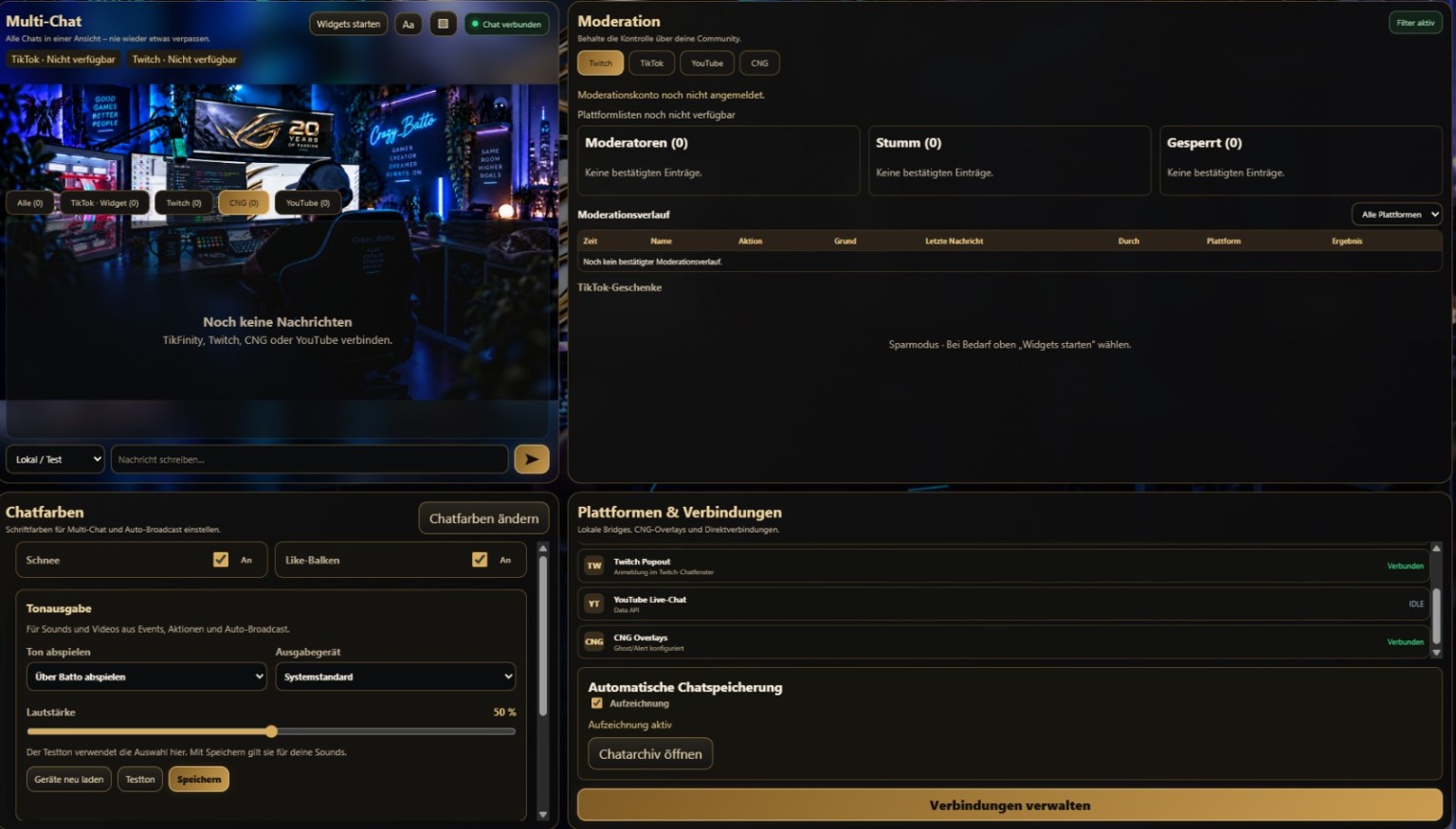 Arbeitsoberfläche mit Multi-Chat, Moderation, Chatfarben und Plattformverbindungen