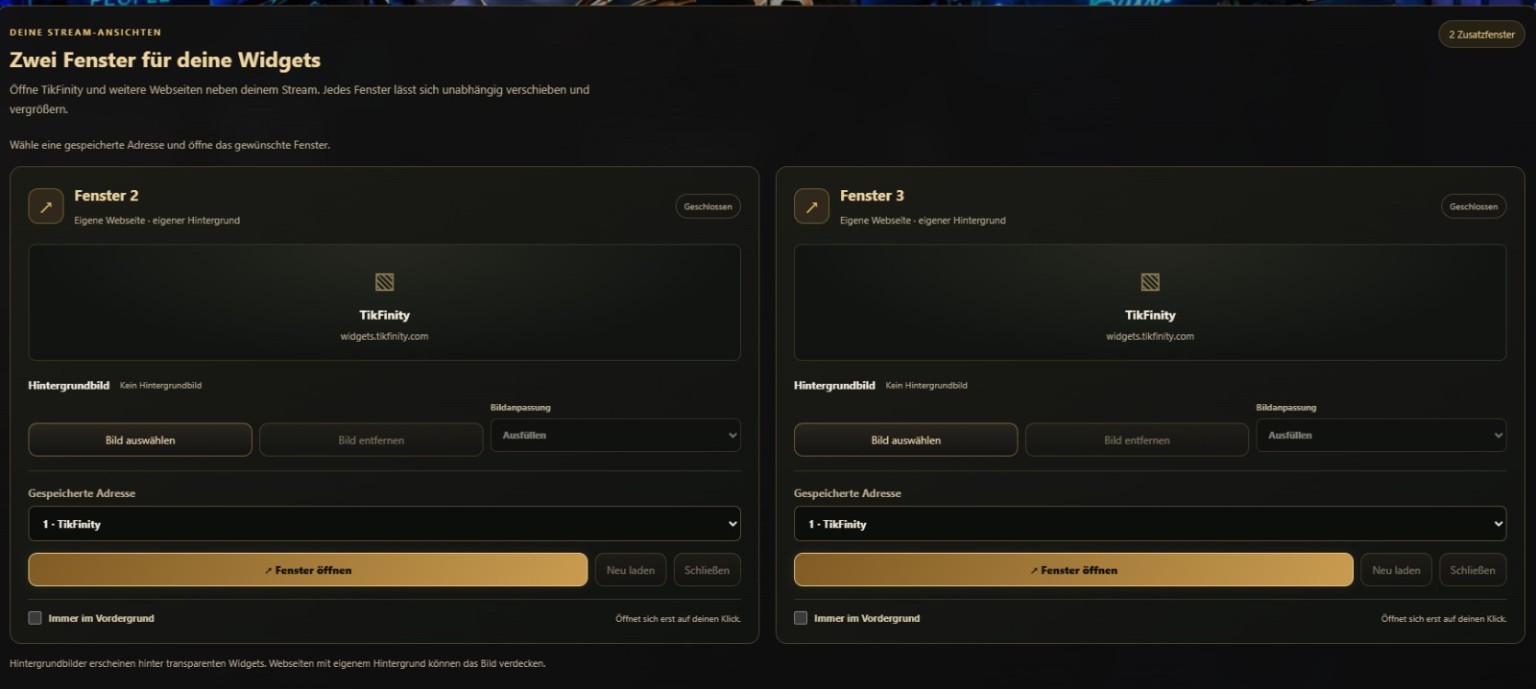 Zwei individuell einstellbare Zusatzfenster für Widgets und Webseiten